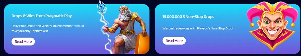 Promotional casino banners highlighting Drops & Wins from Pragmatic Play and a $15,000,000 non-stop drops offer, illustrated with a mythological god and a colorful jester on a blue-to-purple gradient background.