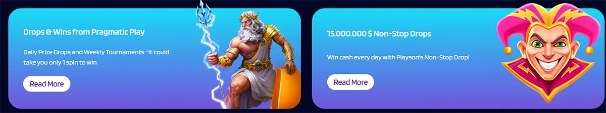 Promotional casino banners highlighting Drops & Wins from Pragmatic Play and a $15,000,000 non-stop drops offer, illustrated with a mythological god and a colorful jester on a blue-to-purple gradient background.
