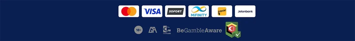 Footer strip with payment method logos including Mastercard, Visa, Sofort, MiFinity, Interac, and Jetonbank, plus responsible gambling and age restriction icons on a dark blue background.