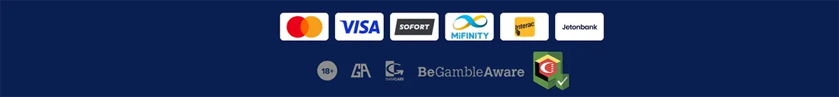 Footer strip with payment method logos including Mastercard, Visa, Sofort, MiFinity, Interac, and Jetonbank, plus responsible gambling and age restriction icons on a dark blue background.