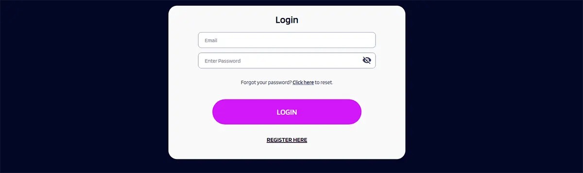Simple casino login form with email and password fields, a bright purple login button, and a register link on a dark blue background.