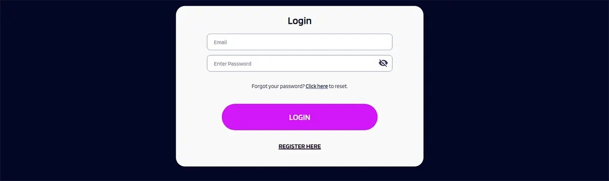 Simple casino login form with email and password fields, a bright purple login button, and a register link on a dark blue background.